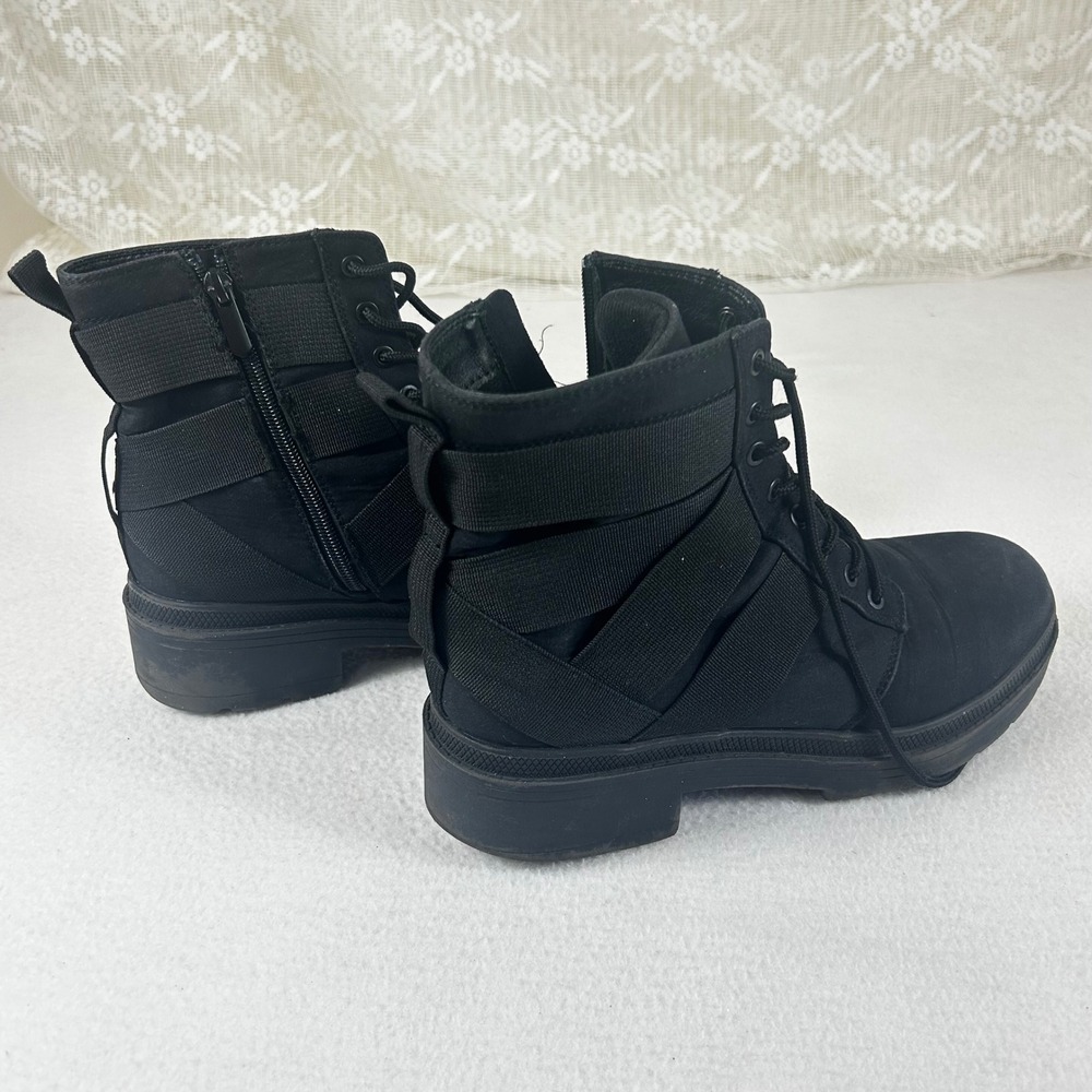 Womens Black Canvas Combat Boots Lace Up Side Zip Elastic Straps Lug Sole Size 9 - Picture 6 of 11